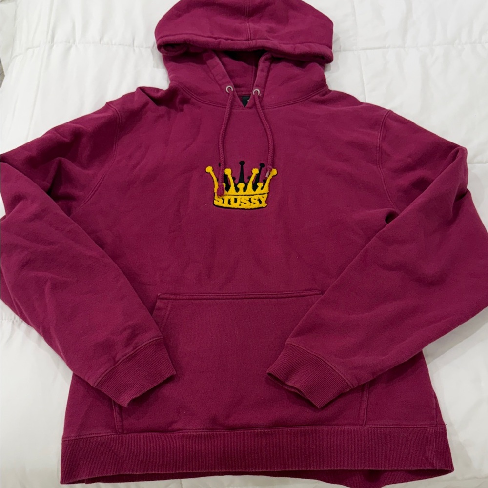 Maroon Stussy Hoodie with Gold Crown